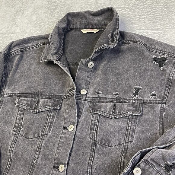 Highway Jeans Denim Black Jacket Women Size Large Distressed Oversized Long Coat - Picture 15 of 15